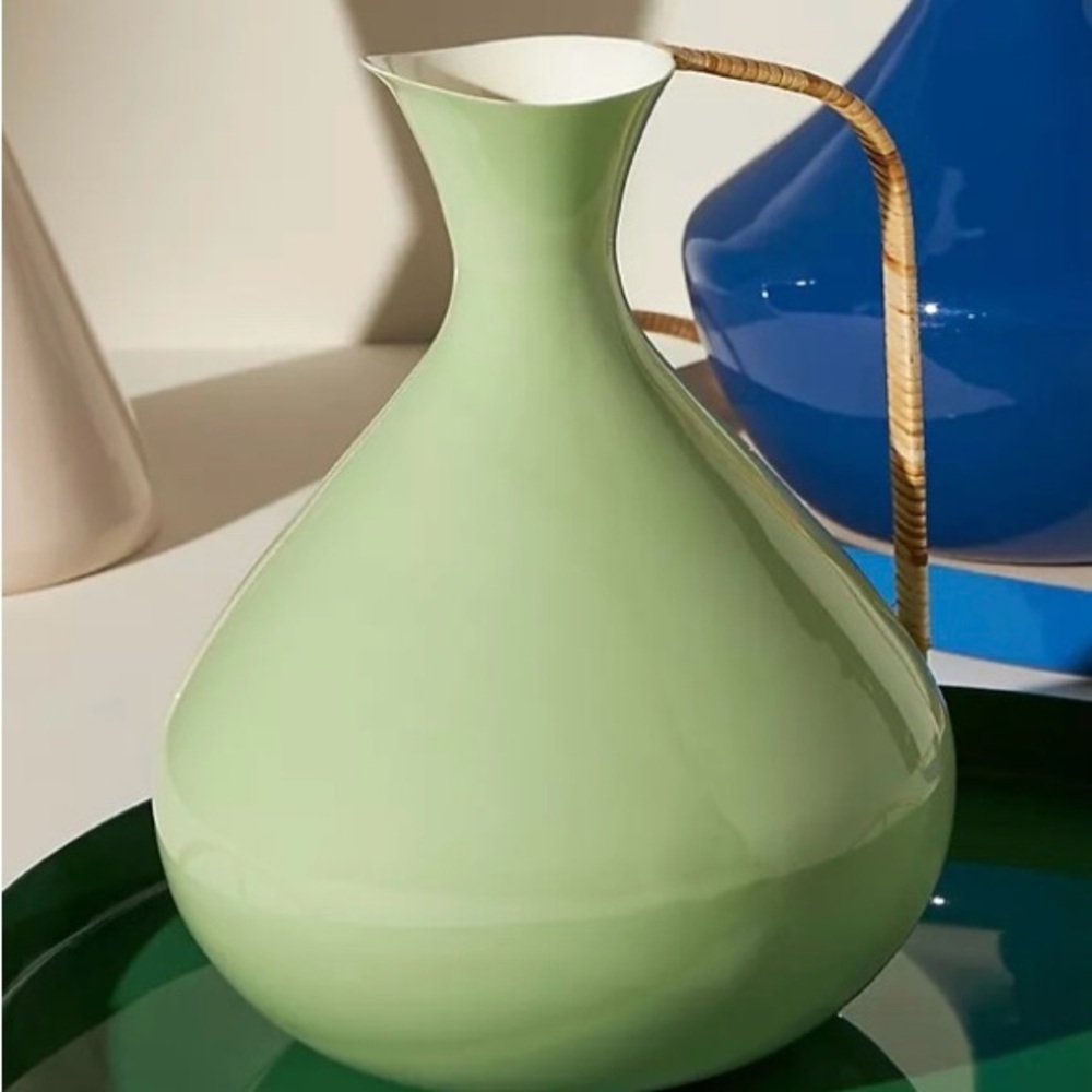 Anthropologie Pale Green Glossed Ceramic Pitcher with Woven Handle